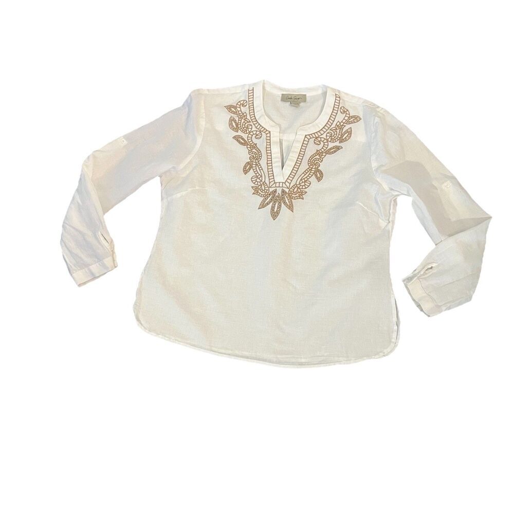 Charlie Paige Women’s Top Large Linen Blend Embroidered Roll Tab Sleeves‎